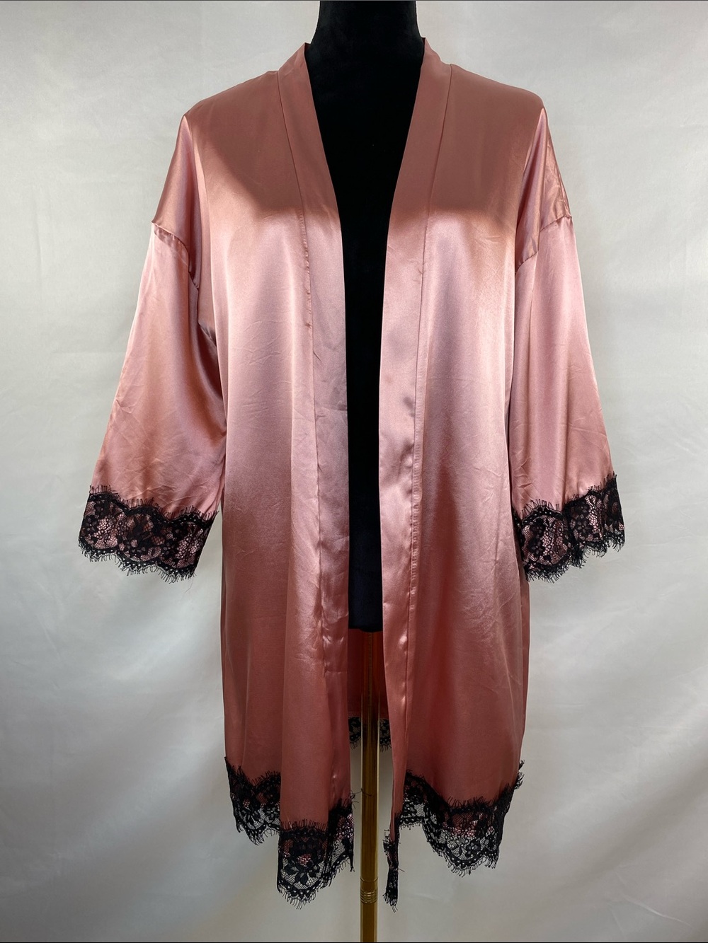 Pink Satin Kimono Duster Robe Eyelash Lace Trim Open Front Loungewear Size Large